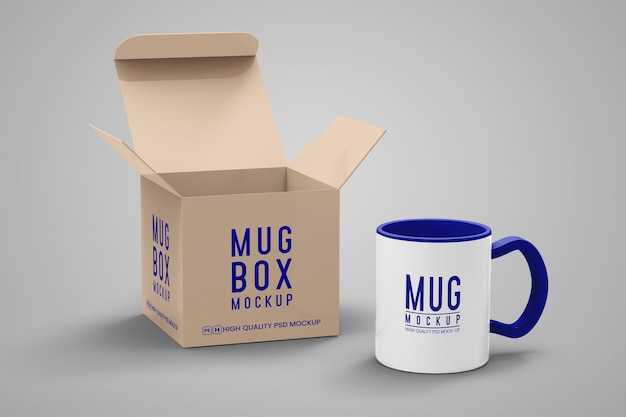 PSD coffee mug with box mockup