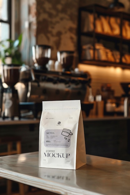 Coffee packaging in cafeteria mockup