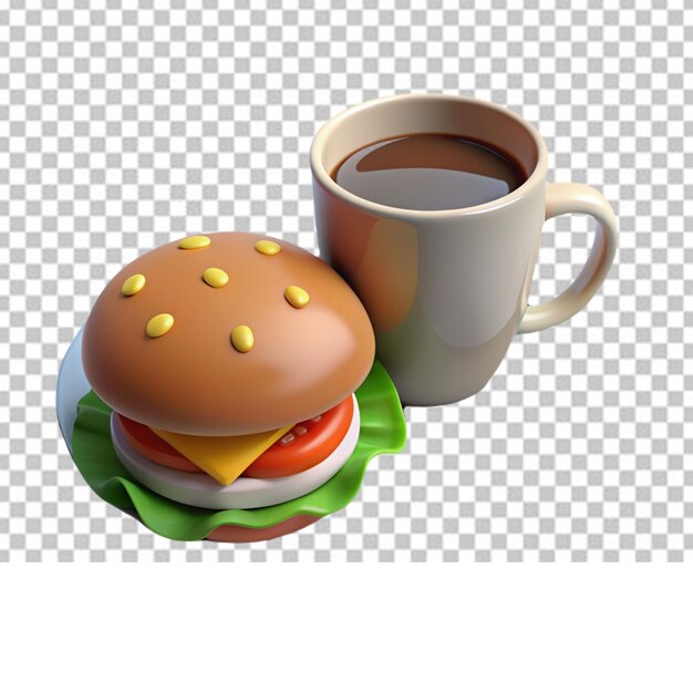 PSD coffee next to a plate salad and burger on white background