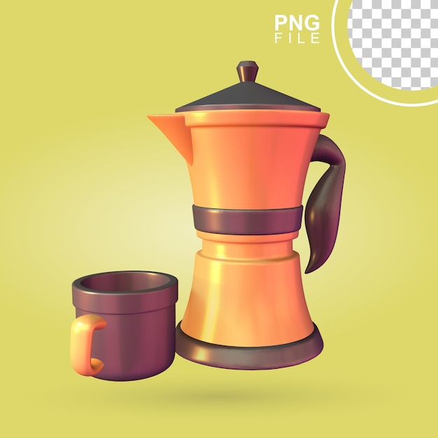 Illustrazione dell'icona 3d della caffettiera e della tazza per un'accogliente birra mattutina