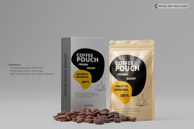 Coffee pouch and box package mockup