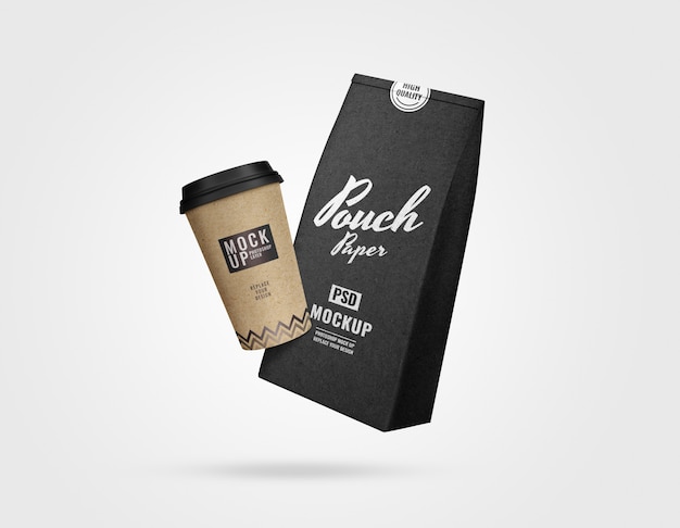 PSD coffee pouch and cup set mockup