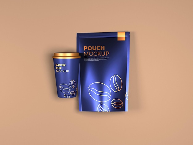 PSD coffee pouch and paper cup mockup top view