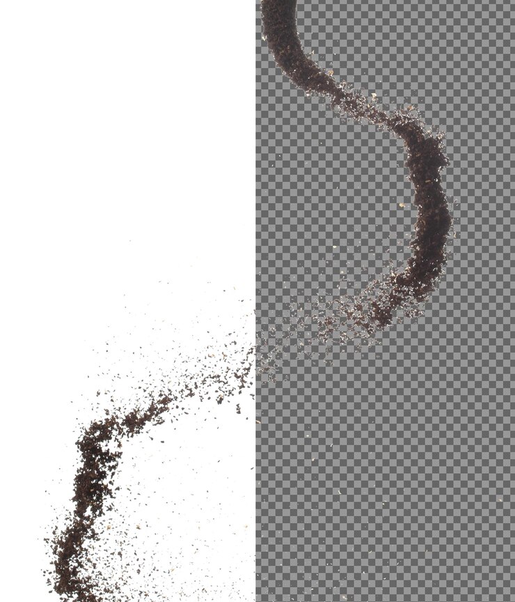 PSD coffee powder fly explosion coffee crushed ground float pouring wave like smoke smell coffee ground powder splash throwing in mid air white background isolated high speed shutter freeze motion