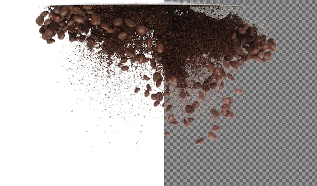 PSD coffee powder mix bean fly explosion coffee crushed mix seed float explode abstract cloud fly coffee dust powder bean splash throwing in air white background isolated high speed shutter freeze