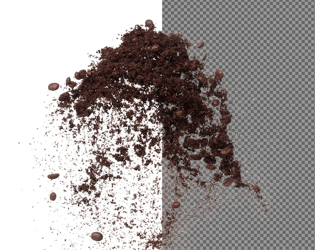 PSD coffee powder mix bean fly explosion coffee crushed mix seed float explode abstract cloud fly coffee dust powder bean splash throwing in air white background isolated high speed shutter freeze