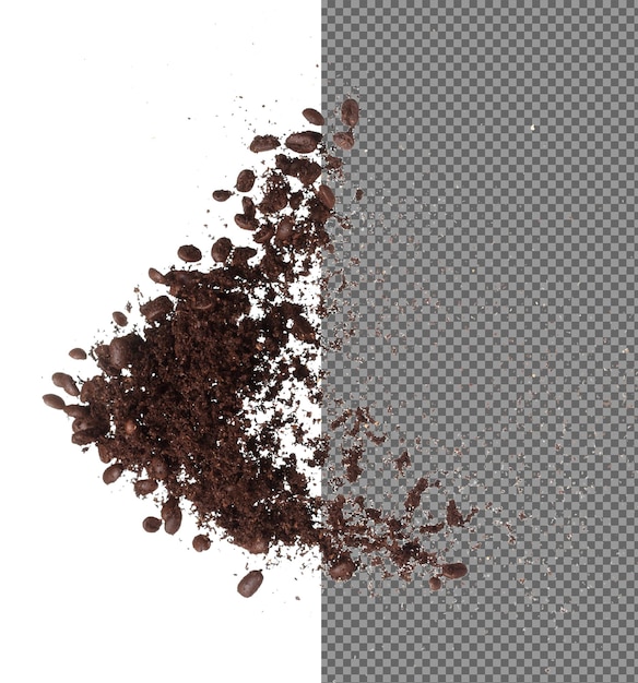 Coffee powder mix bean fly explosion Coffee crushed mix seed float explode abstract cloud fly Coffee dust powder bean splash throwing in Air White background Isolated high speed shutter freeze