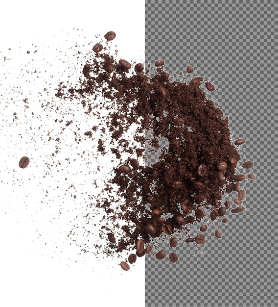 Coffee powder mix bean fly explosion Coffee crushed mix seed float explode abstract cloud fly Coffee dust powder bean splash throwing in Air White background Isolated high speed shutter freeze
