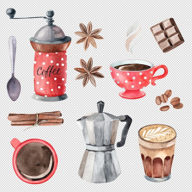PSD coffee set with watercolor elements