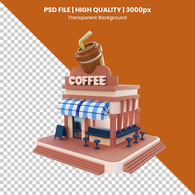 PSD coffee shop 3d icon with coffee hallmark roof