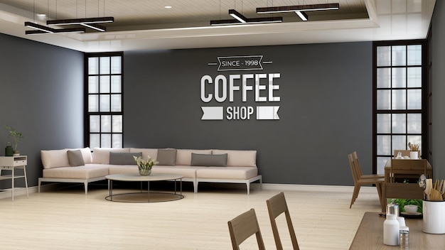 coffee shop or cafe wall logo mockup for branding in modern cafe room with sofa