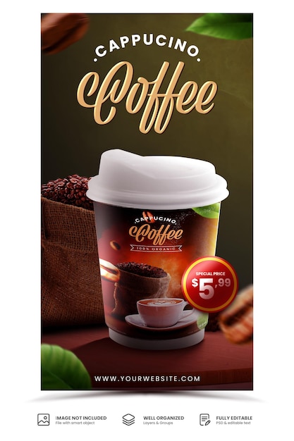 PSD modello di promozione dell'insegna del menu delle bevande della caffetteria