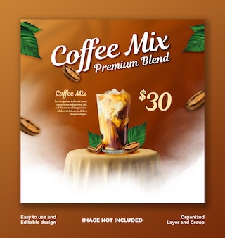 Modello di banner post instagram di social media per la promozione del menu delle bevande della caffetteria