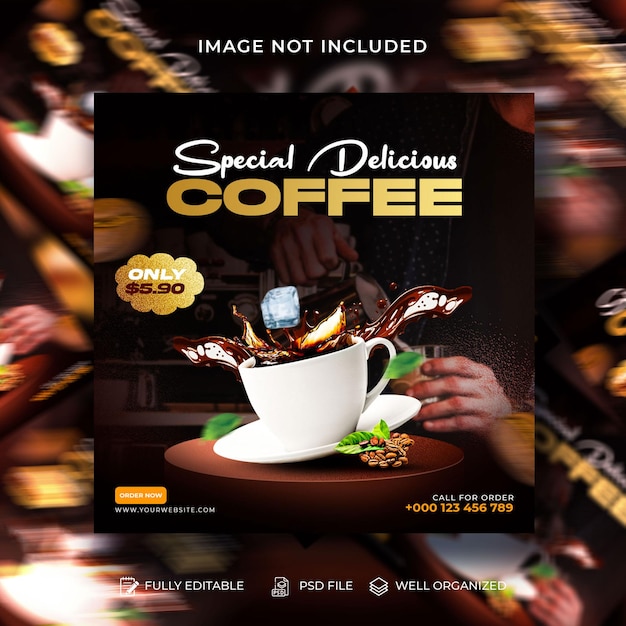 コーヒーショップの飲み物メニュー スクエアプロモーション ソーシャルメディア インスタグラムのバナーデザインテンプレート
