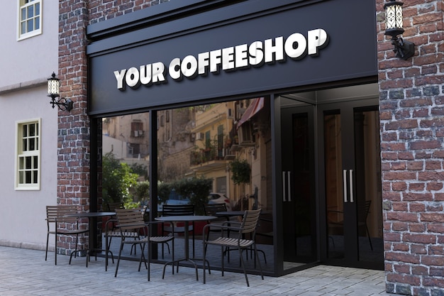 PSD mockup logo 3d facciata caffetteria