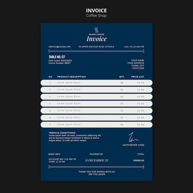 PSD coffee shop invoice template