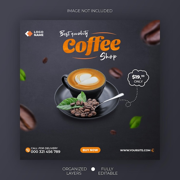 Modello di banner quadrato post instagram post di social media del menu delle bevande di promozione della caffetteria