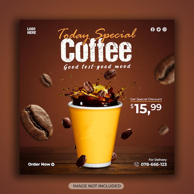 Кофейня в социальных сетях рекламный баннер или шаблон поста в instagram