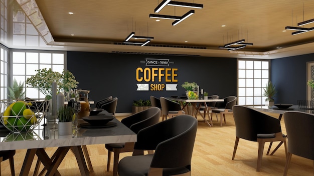 PSD coffee shop wall logo mockup in the cafe or restaurant meeting room
