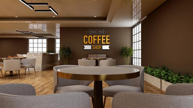 PSD 카페 또는 레스토랑 회의실에서 커피숍 벽 로고 모형