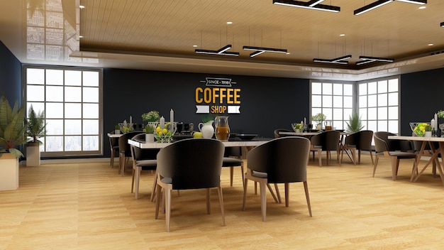 카페 또는 레스토랑 회의실에서 커피숍 벽 로고 모형