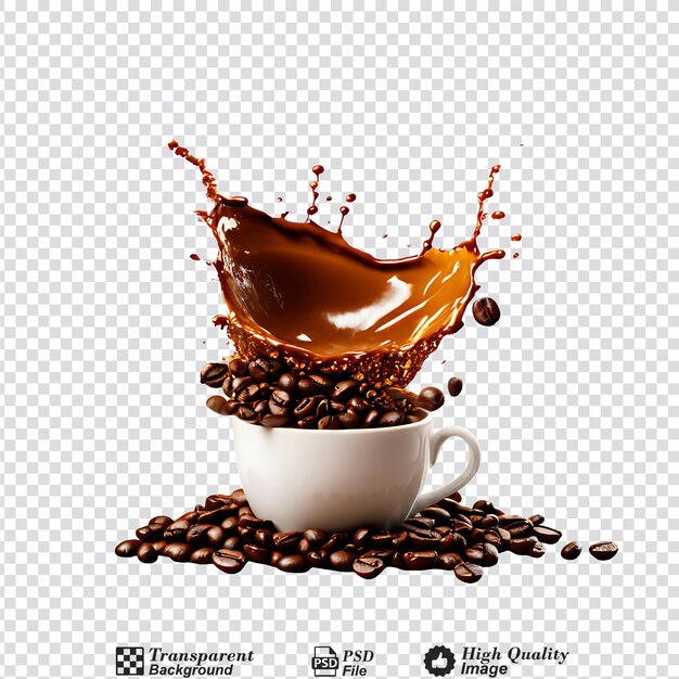 Coffee splash with coffee beans isolated on transparent background