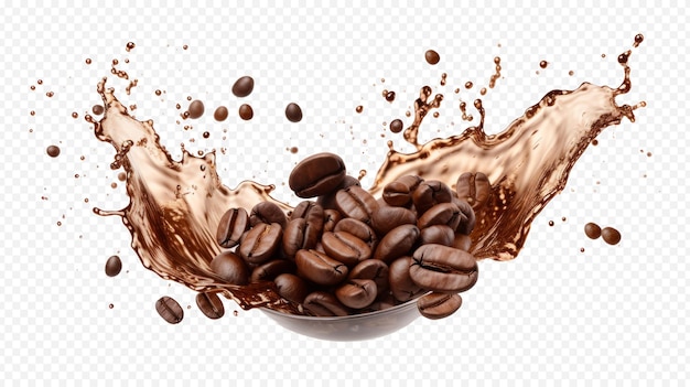 PSD coffee splash with coffee beans isolated on transparent background