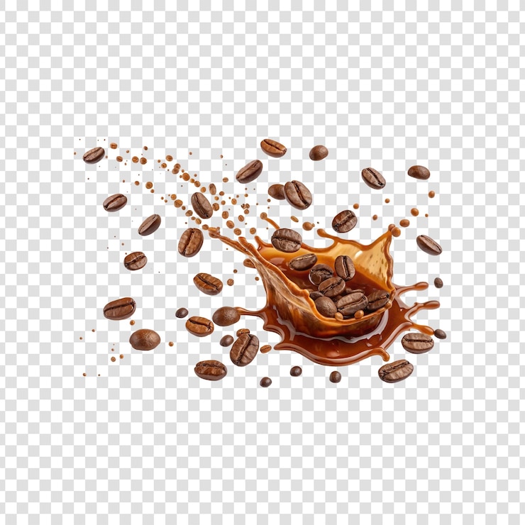 PSD coffee splash with coffee beans isolated on white background