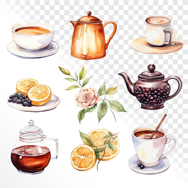 PSD coffee and tea clipart in the style of watercolor on a white background