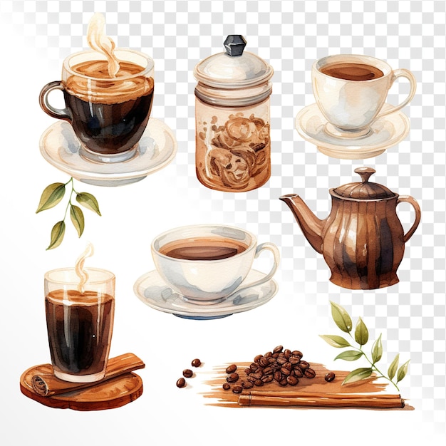 Coffee and tea clipart in the style of watercolor on a white background