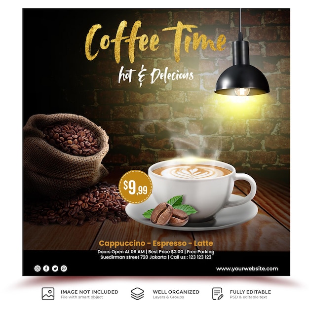 PSD coffee time drink menu social media post banner template for promotion