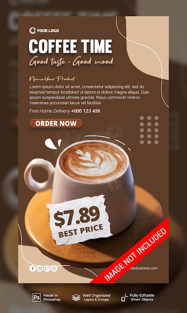 PSD coffee time новое меню напитков кафе для продвижения в социальных сетях instagram пост истории баннер шаблон