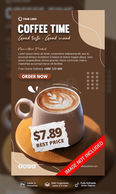 PSD coffee time nuovo menu drink cafe per la promozione modello di banner di storie di post di instagram sui social media