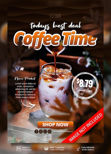 장식 커피 콩 카페 레스토랑 음료 메뉴 포스터 배너 템플릿과 함께 커피 타임 오늘 최고의 거래