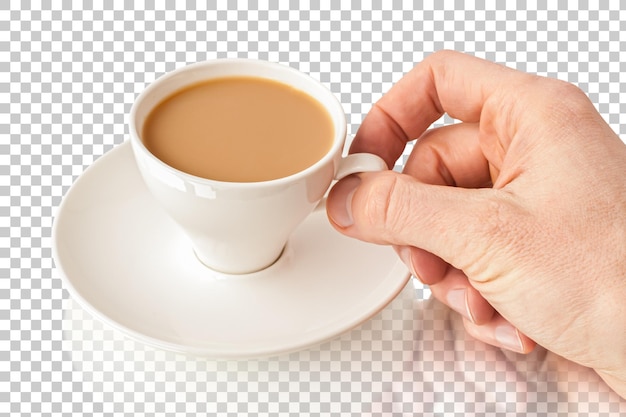 Coffee with milk in white mug with a hand isolated on transparent psd background