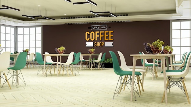 Coffeeshop muurbord logo mockup in de vergaderruimte van het café of restaurant