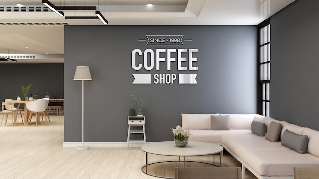 Coffeeshop of café-muurlogomodel voor branding in moderne caféruimte met bank