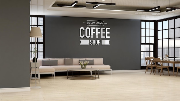 coffeeshop of café-muurlogomodel voor branding in moderne caféruimte met bank