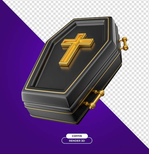 Coffin for halloween 3d render cartoon illustration with transparent background