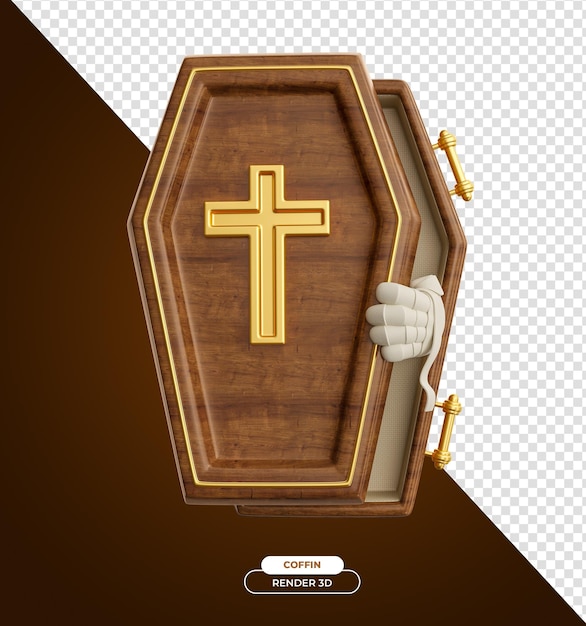 coffin with zombie hand for halloween 3d render cartoon illustration with transparent background