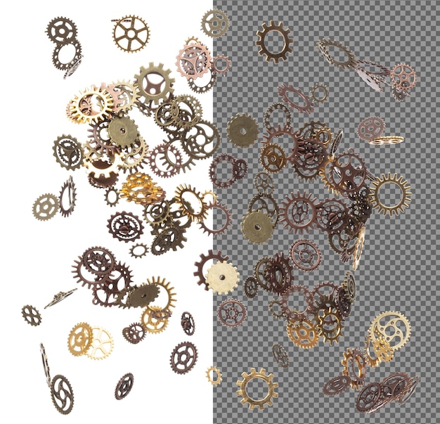 Cog wheel versnelling is reserveonderdeel voor industrieel staal Cogwheel versnelling hoofd is innovatie en hersenen teamwerk Veel groep versnelling wiel in verschil kleur grootte vliegen in de lucht Witte achtergrond geïsoleerd
