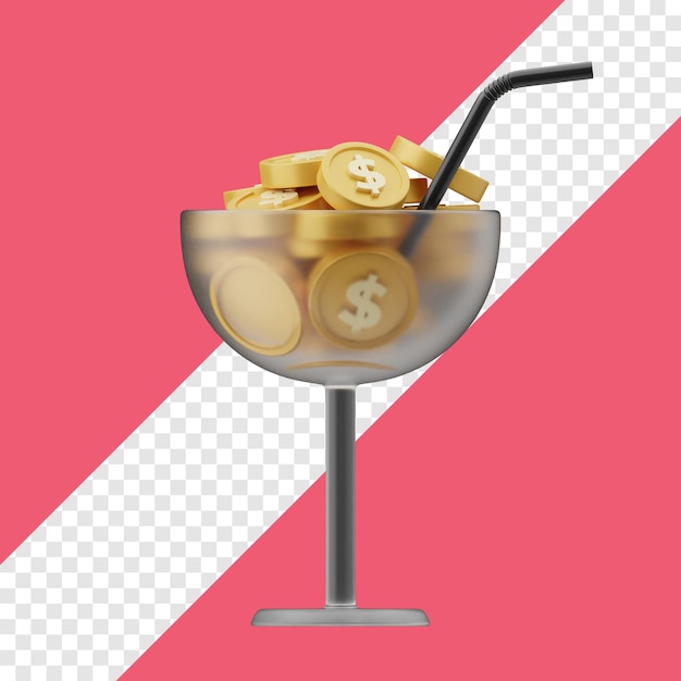 Coins in a drinking glass 3d illustration with transparent background