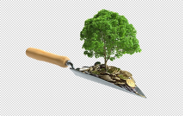 Coins and trees on the garden shovel on transparent background