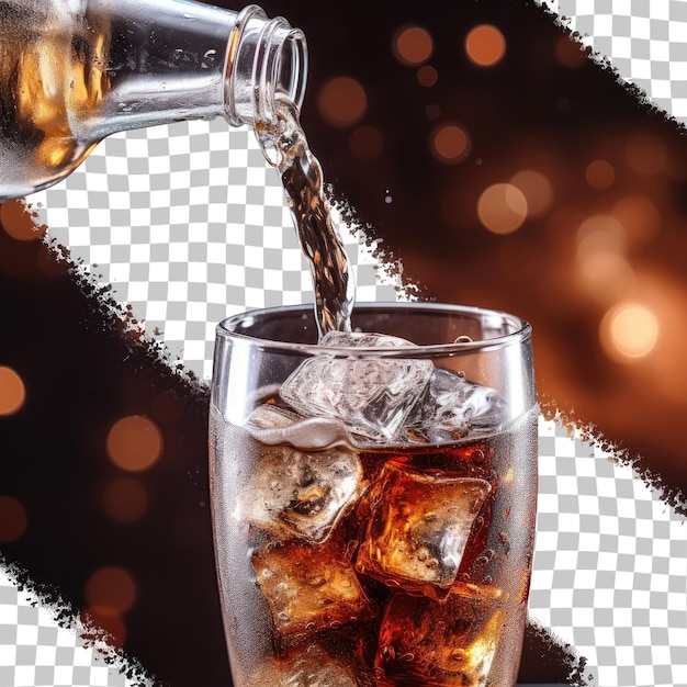 PSD cola being poured into a clear glass with ice on a transparent background