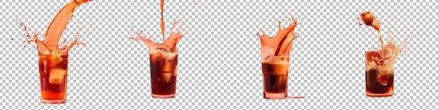 PSD cola pouring with ice and bubbles isolated on transparent background