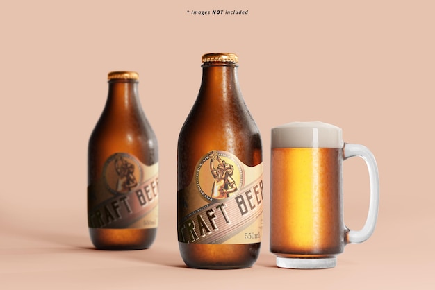 Cold beer bottle and beer glass mockup scene