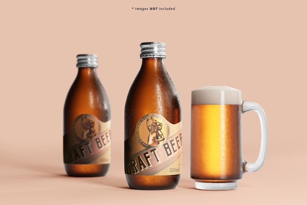 Scena di mockup di bottiglia di birra fredda e bicchiere di birra