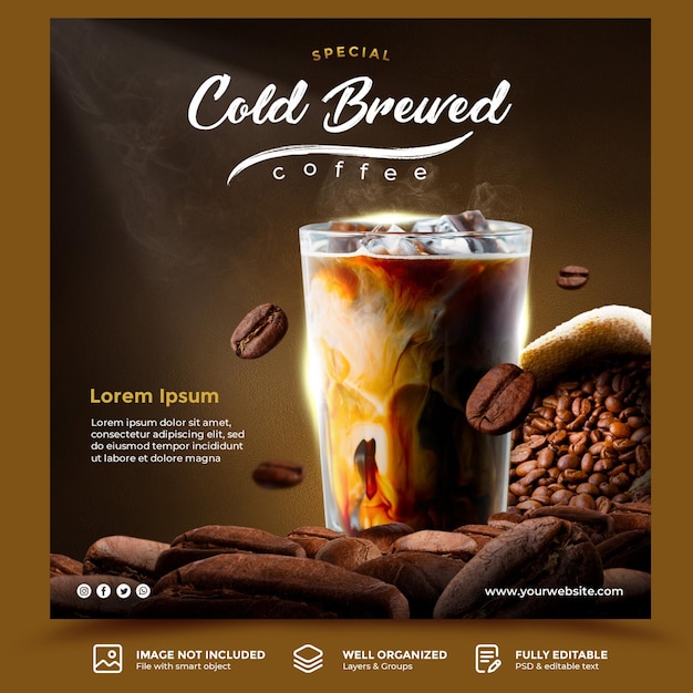 PSD cold brewed coffee flyer or banner social media post template