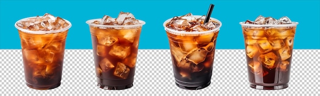 PSD cold brewed iced black coffee on plastic cup side view with transparent background generative ai