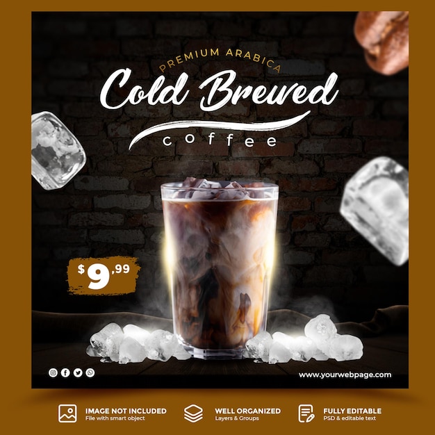 Cold coffee latte with ice flyer social media template